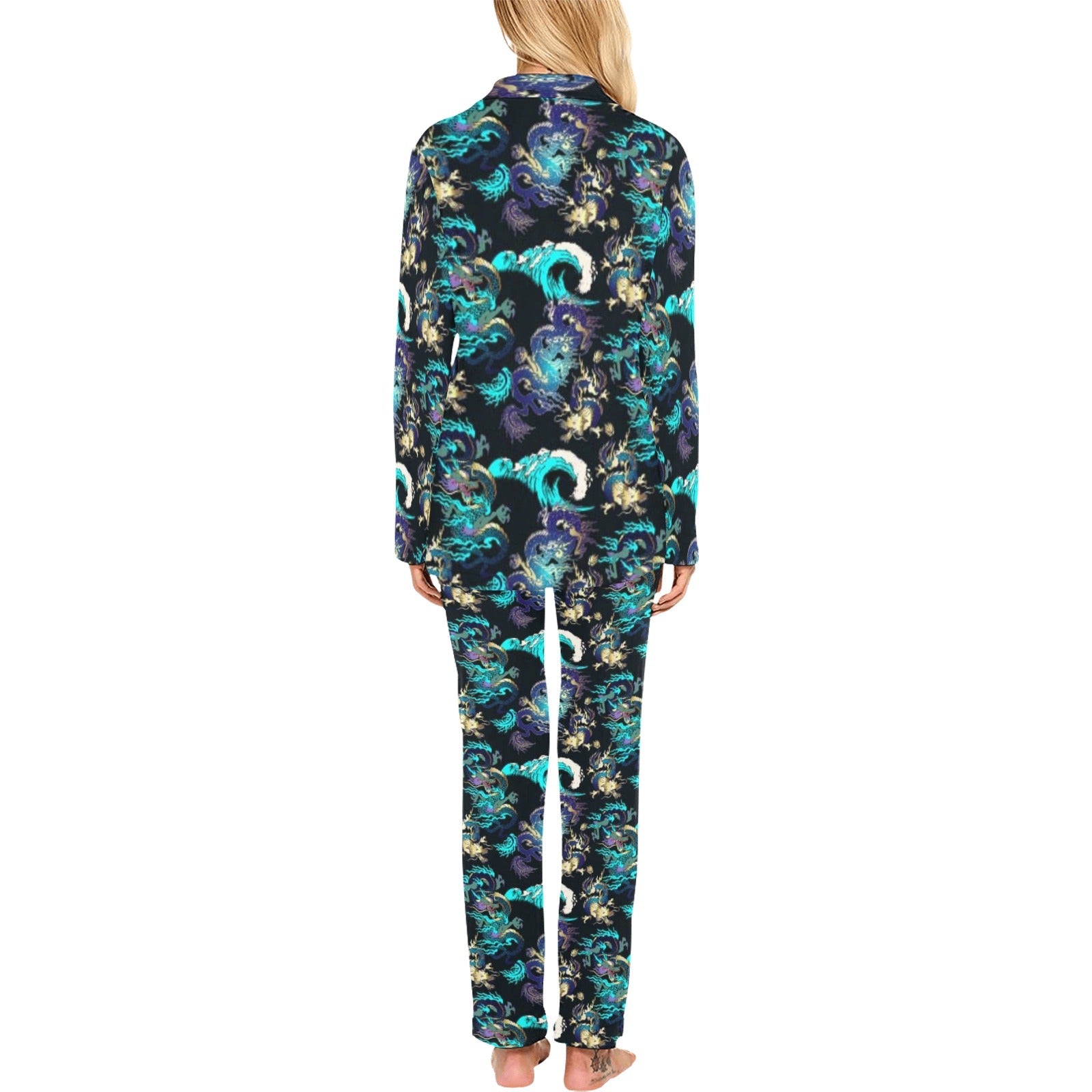 Dragon sea wave pattern Women's Long Pajama Set