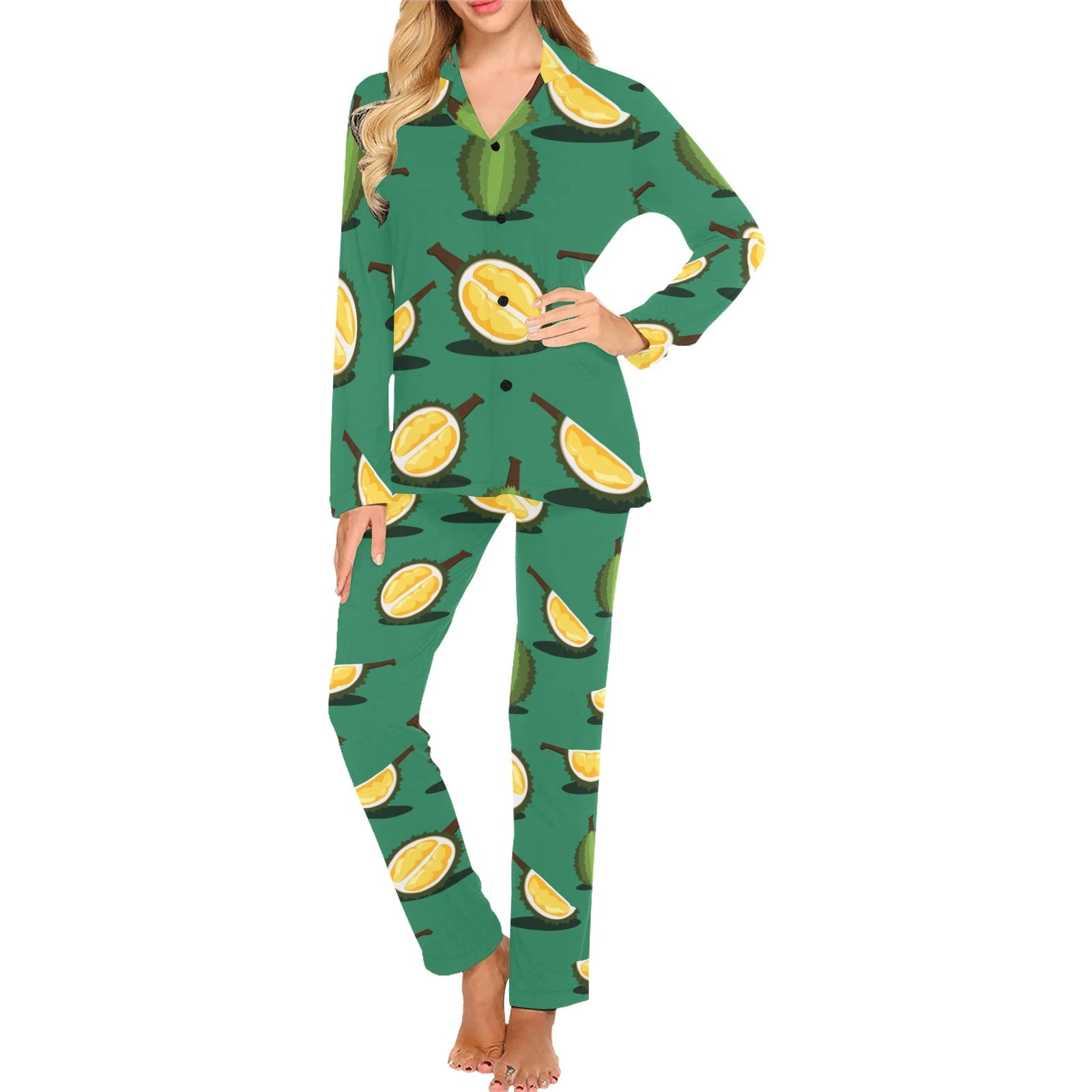 Durian pattern green background Women's Long Pajama Set