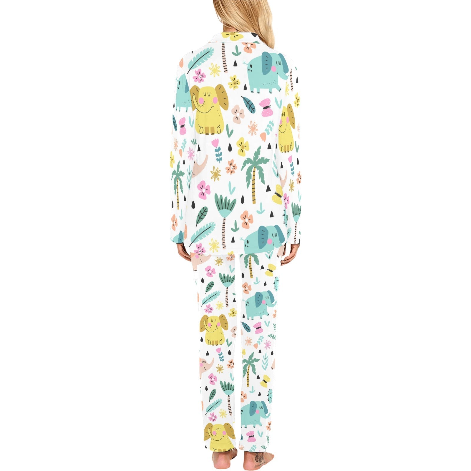 Cute elephants palm tree flower butterfly pattern Women's Long Pajama Set
