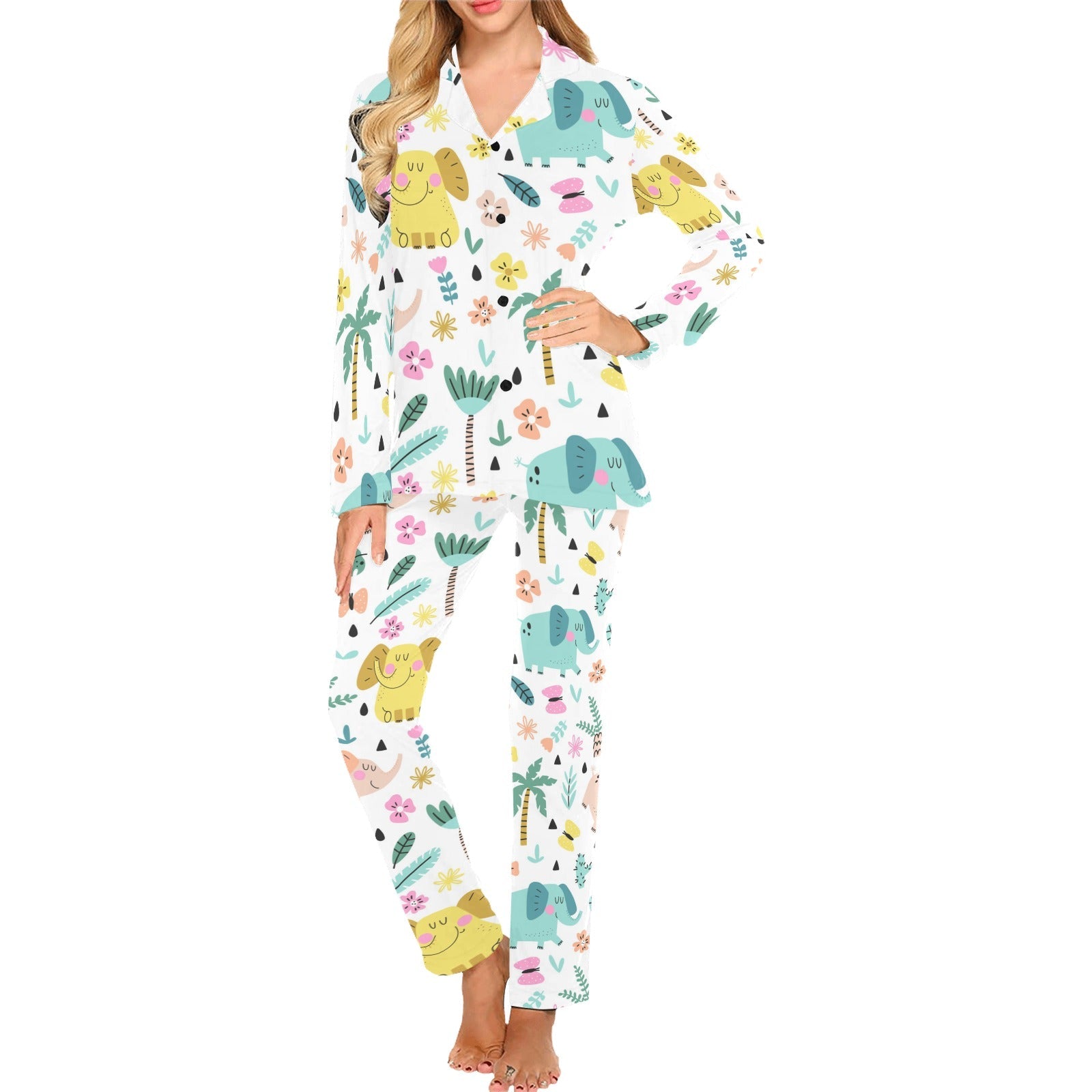 Cute elephants palm tree flower butterfly pattern Women's Long Pajama Set