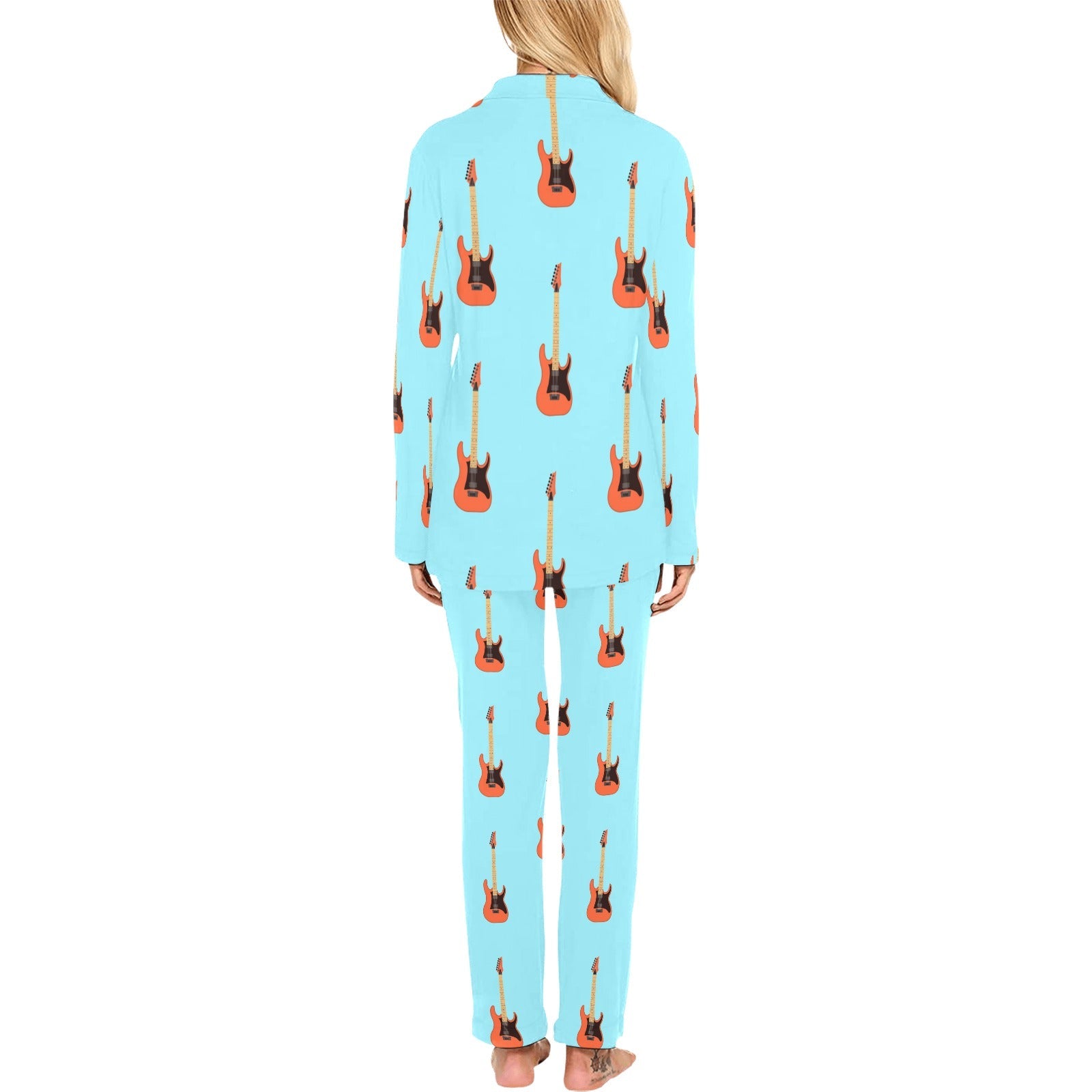 electric guitar pattern light blue background Women's Long Pajama Set