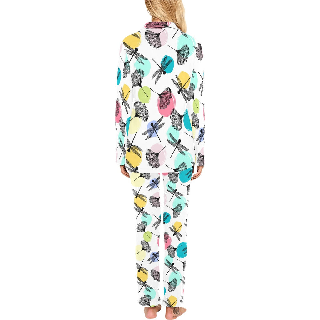 Dragonflies ginkgo leaves pattern Women's Long Pajama Set