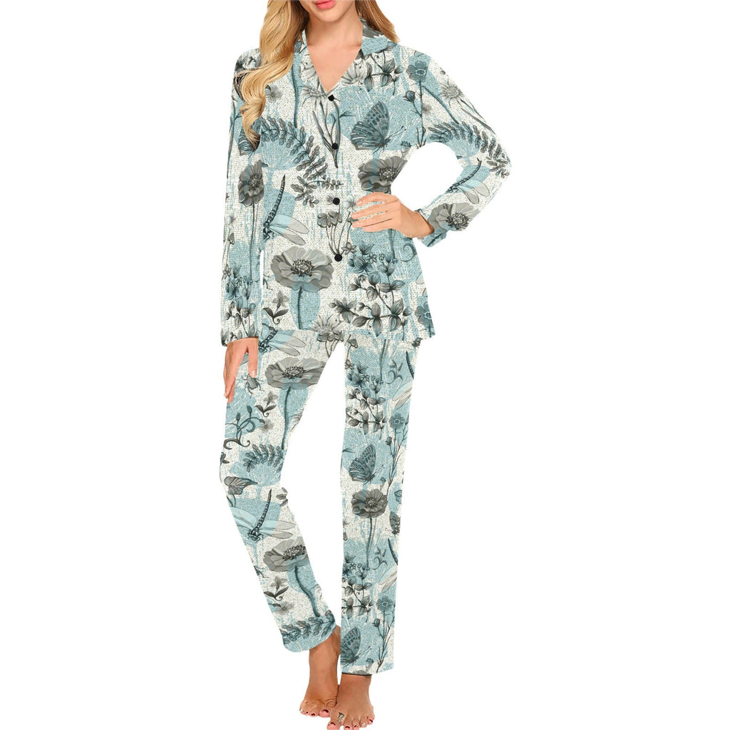 Dragonfly Butterfly Plants insect flower vintage s Women's Long Pajama Set