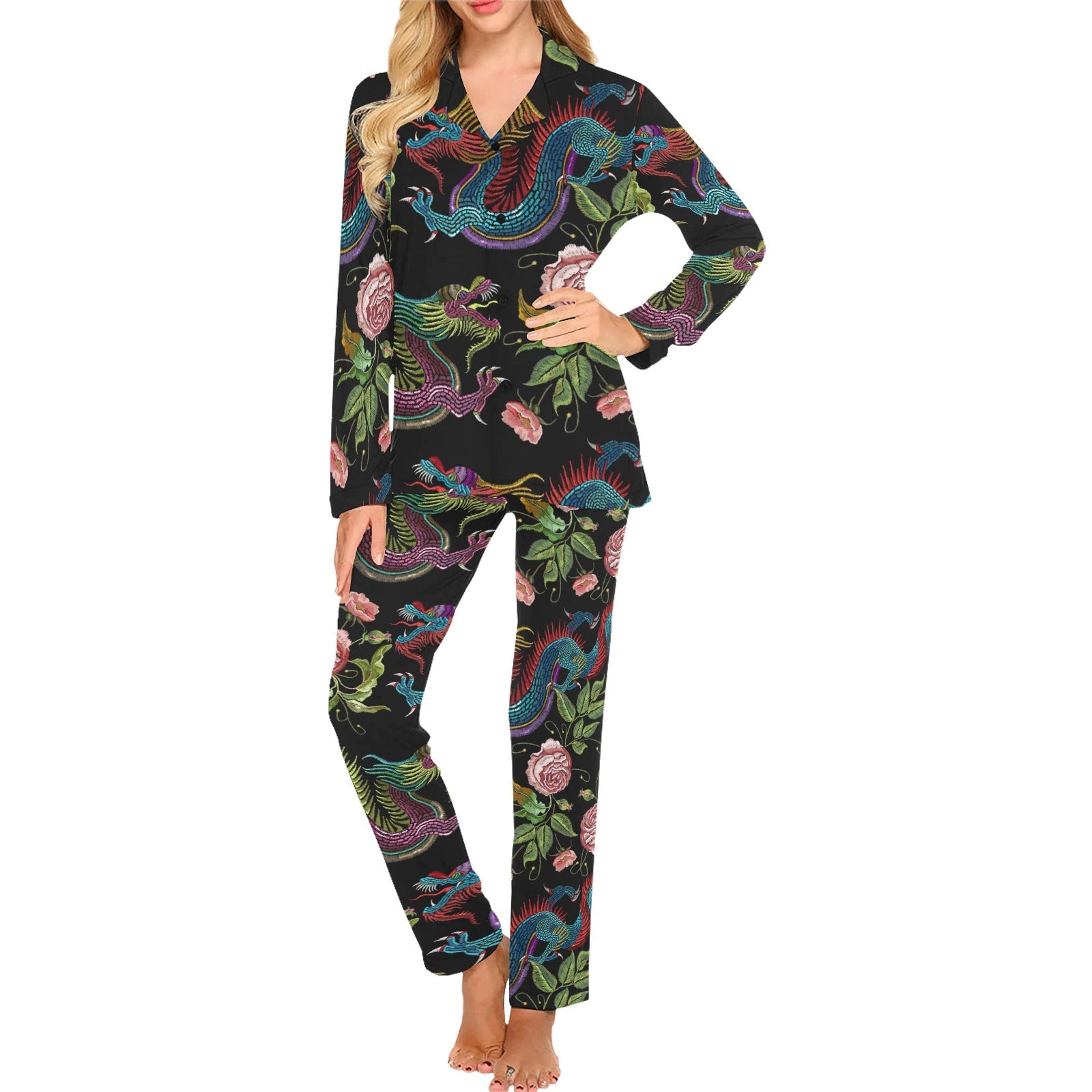 Dragons flower pattern Women's Long Pajama Set
