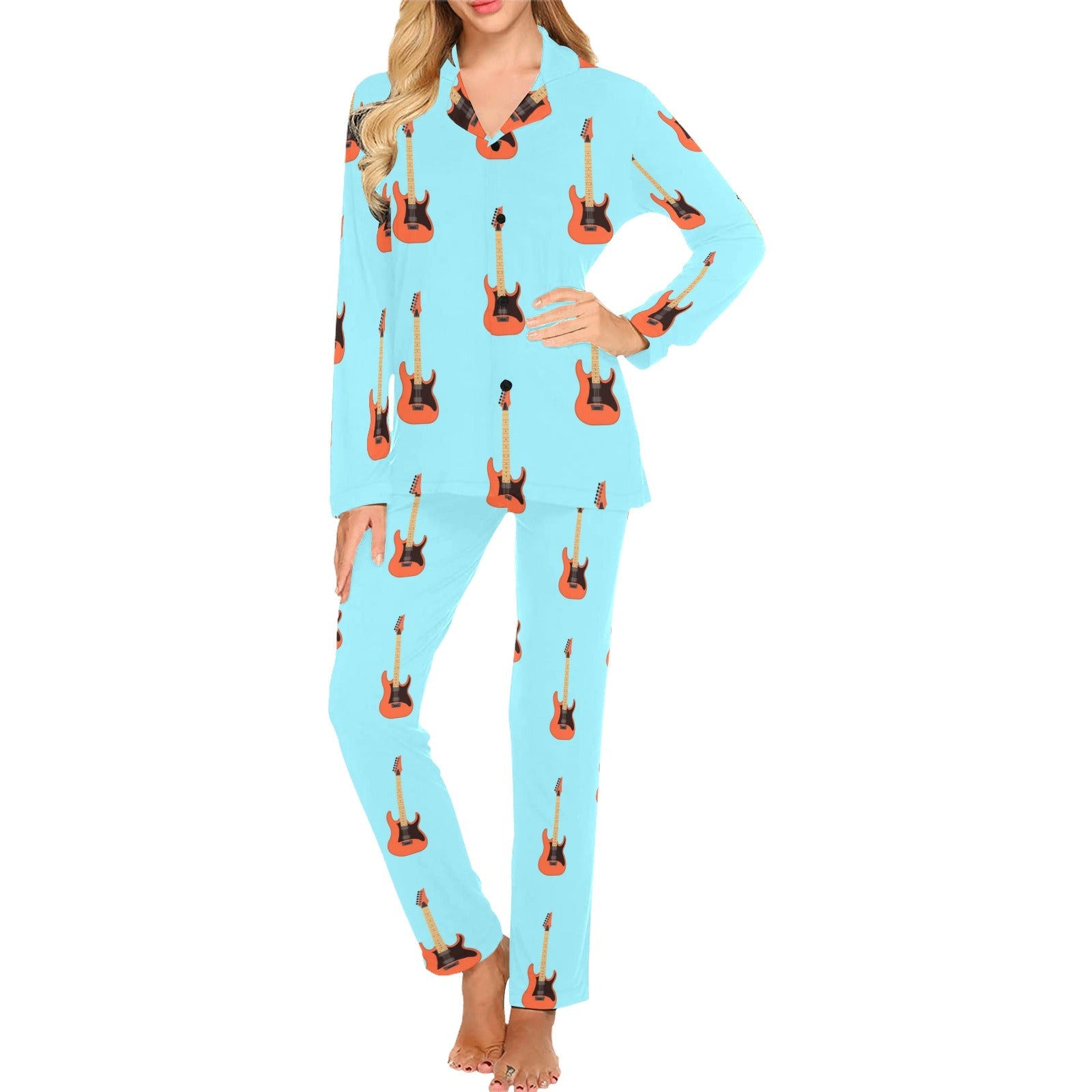electric guitar pattern light blue background Women's Long Pajama Set
