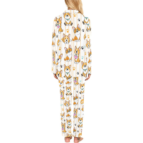 Cute dog corgi striped background pattern Women's Long Pajama Set