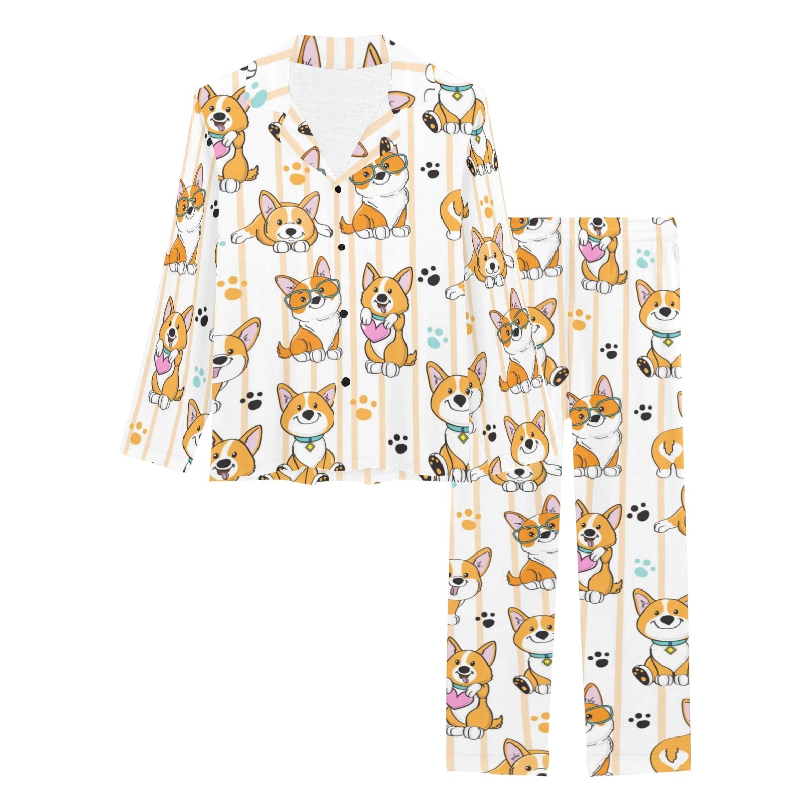 Cute dog corgi striped background pattern Women's Long Pajama Set