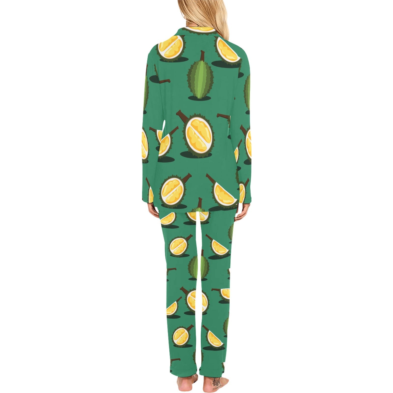 Durian pattern green background Women's Long Pajama Set