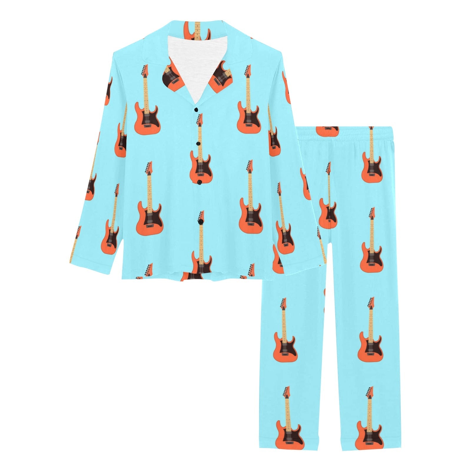 electric guitar pattern light blue background Women's Long Pajama Set