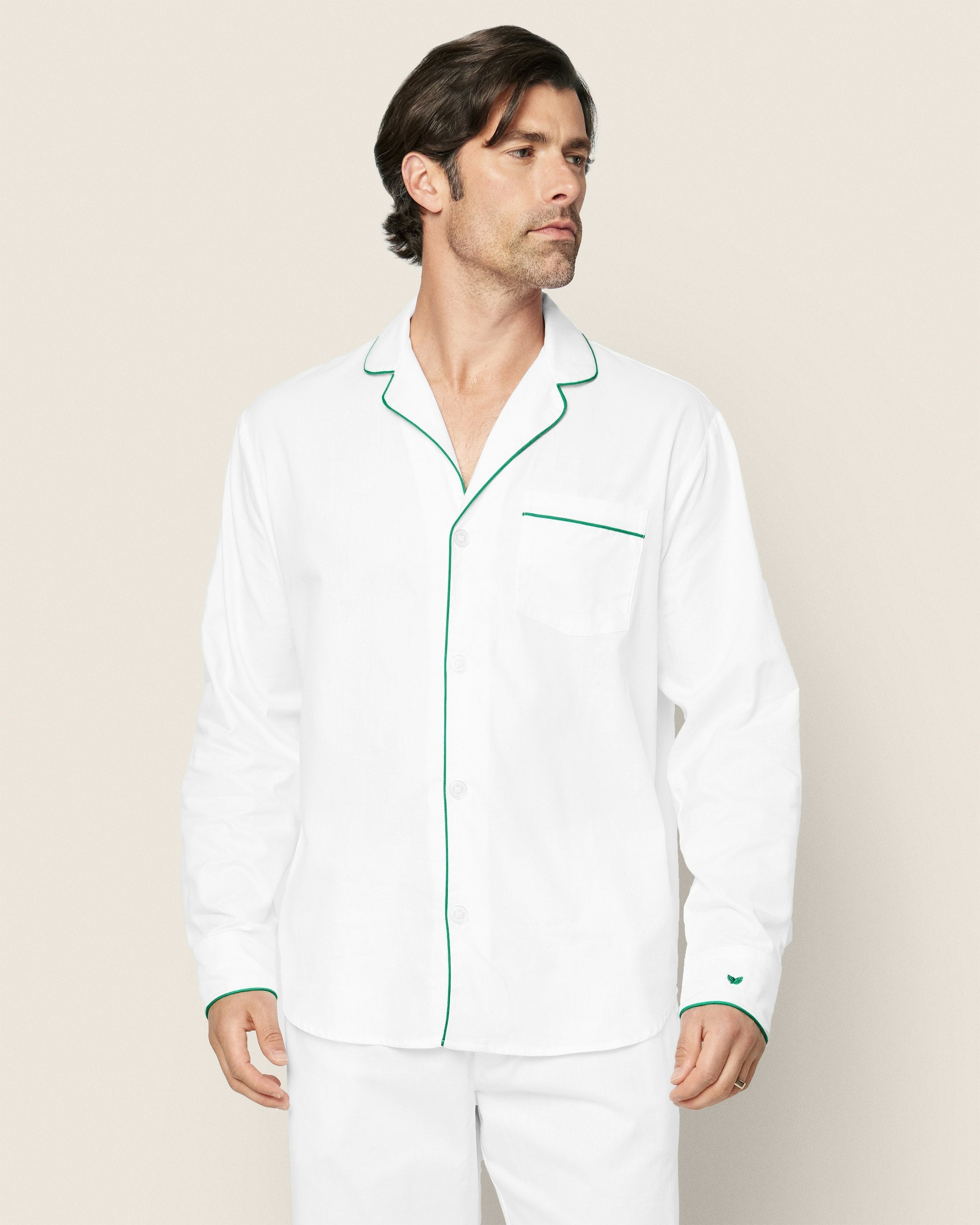 Men's Twill Pajama Set in White with Red Piping