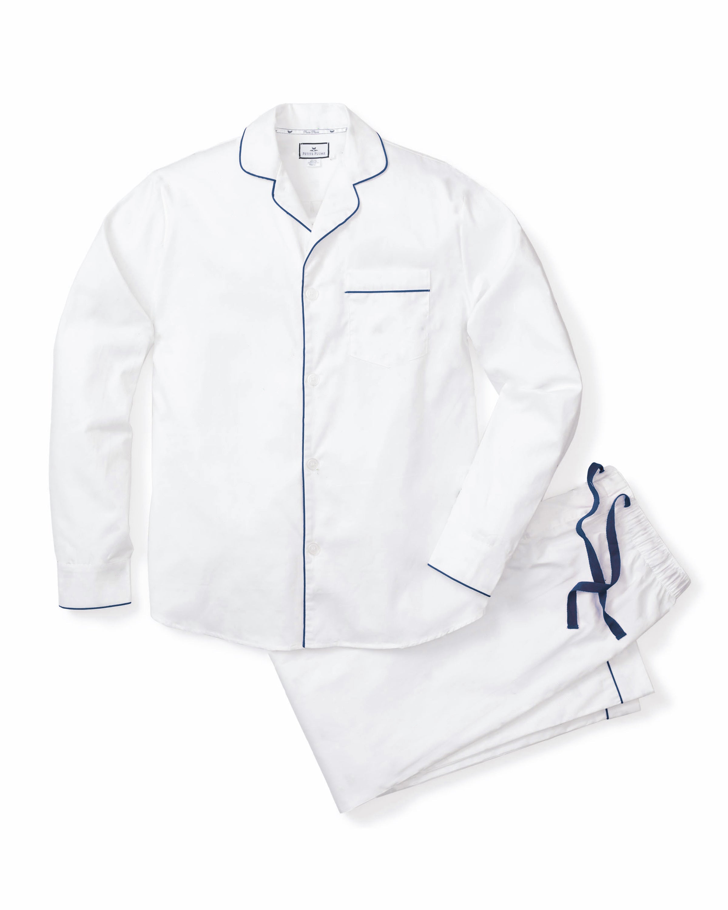 Men's Twill Pajama Set in White with Red Piping