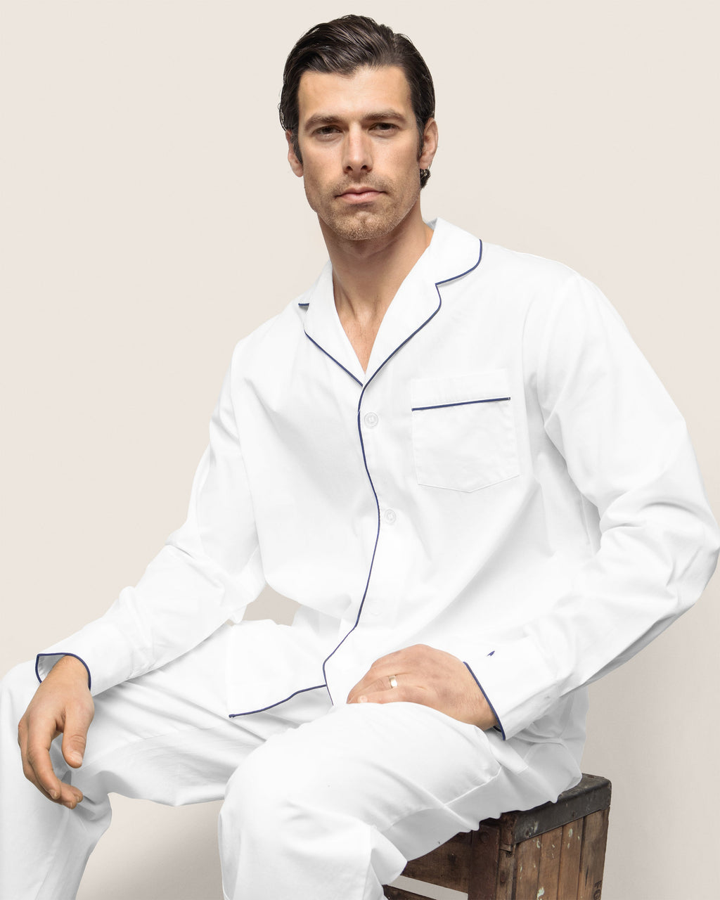 Men's Twill Pajama Set in White with Red Piping