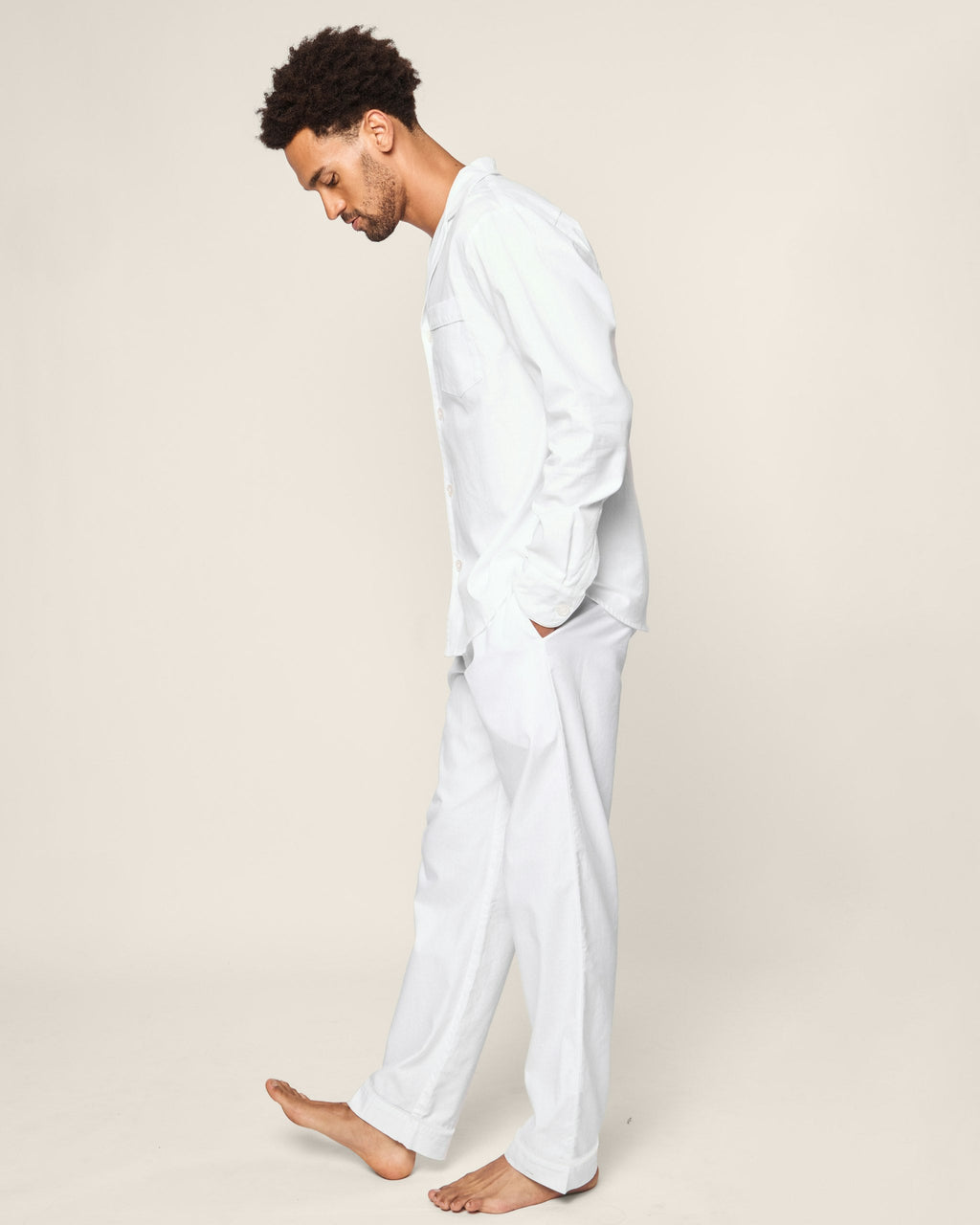 Men's Twill Pajama Set in White with Red Piping