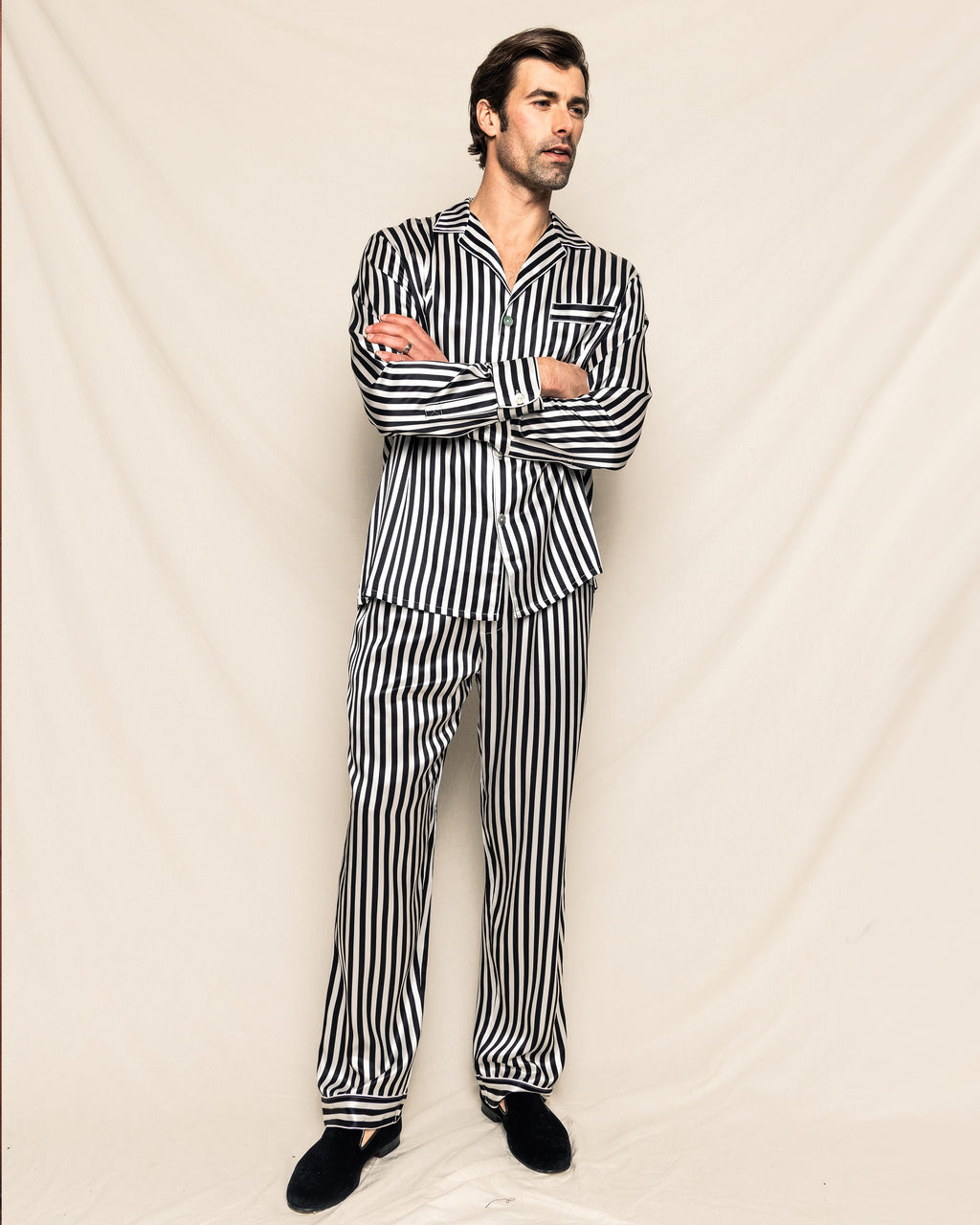 Men's Silk Pajama Set in Black and White Bengal Stripe