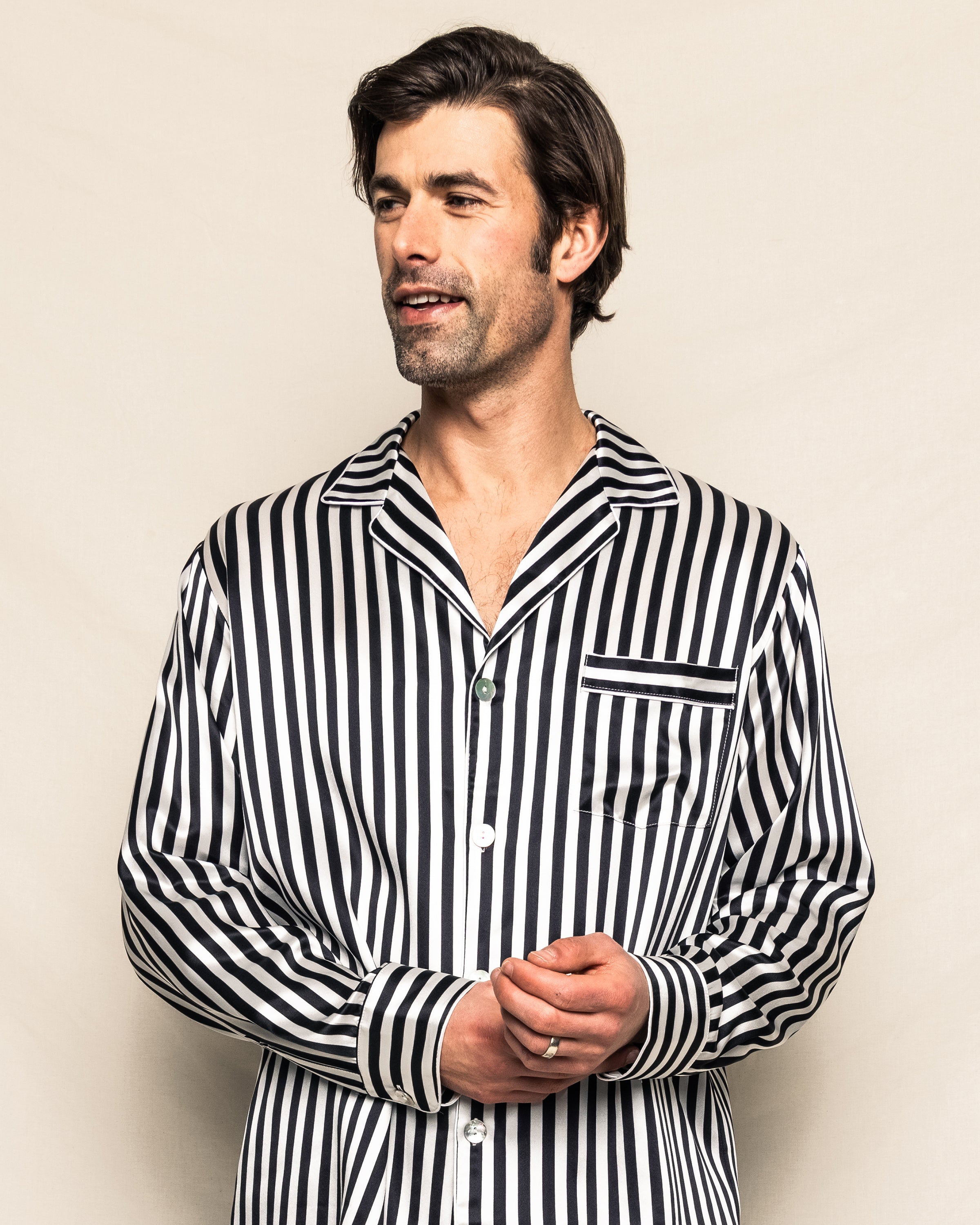 Men's Silk Pajama Set in Black and White Bengal Stripe