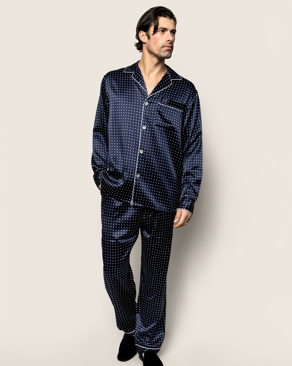 Men's Silk Pajama Set in Navy Polka Dot