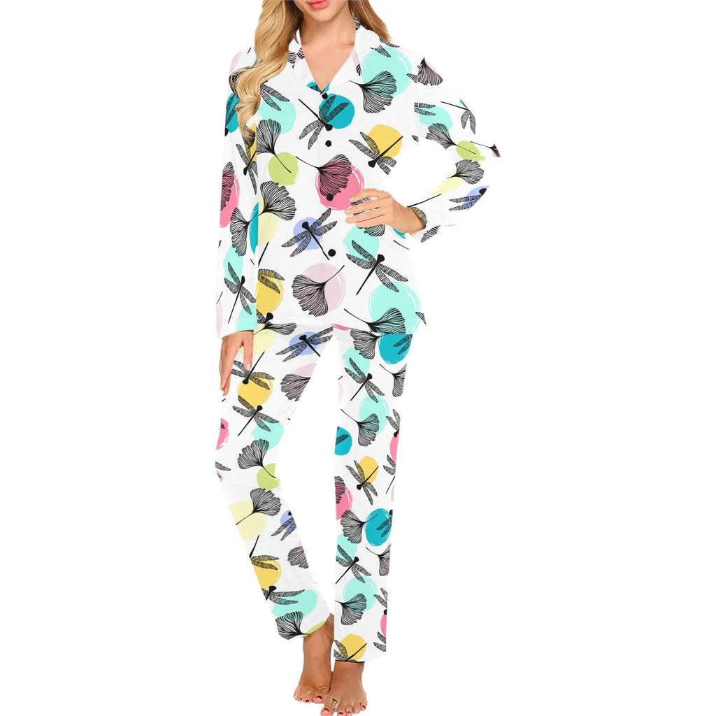Dragonflies ginkgo leaves pattern Women's Long Pajama Set