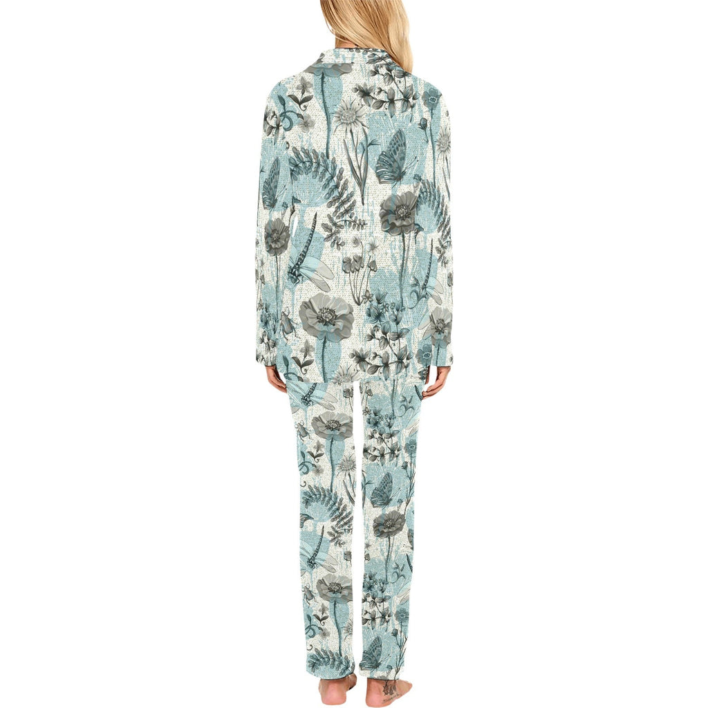 Dragonfly Butterfly Plants insect flower vintage s Women's Long Pajama Set