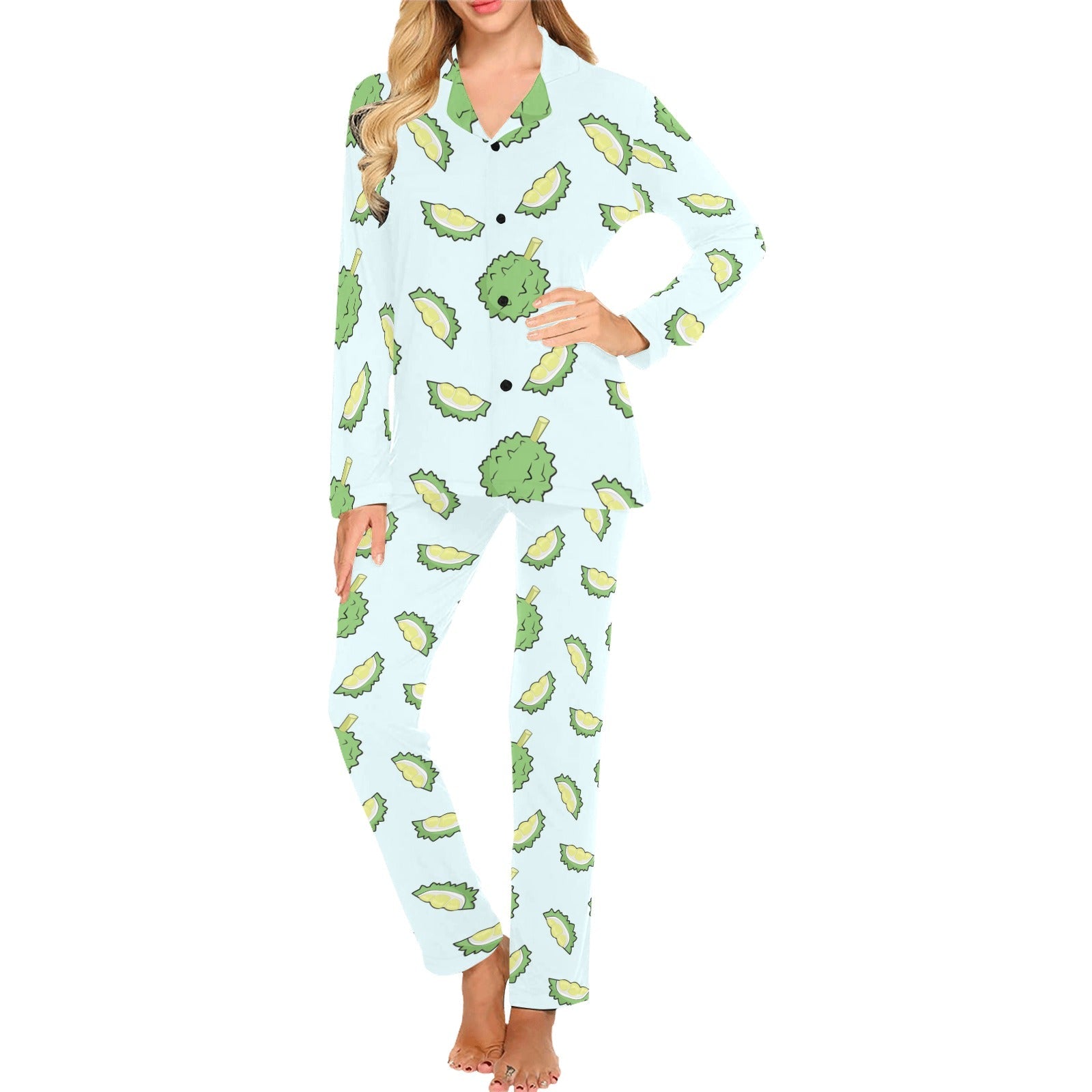 Durian pattern blue background Women's Long Pajama Set