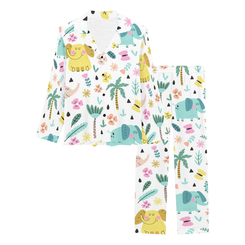 Cute elephants palm tree flower butterfly pattern Women's Long Pajama Set
